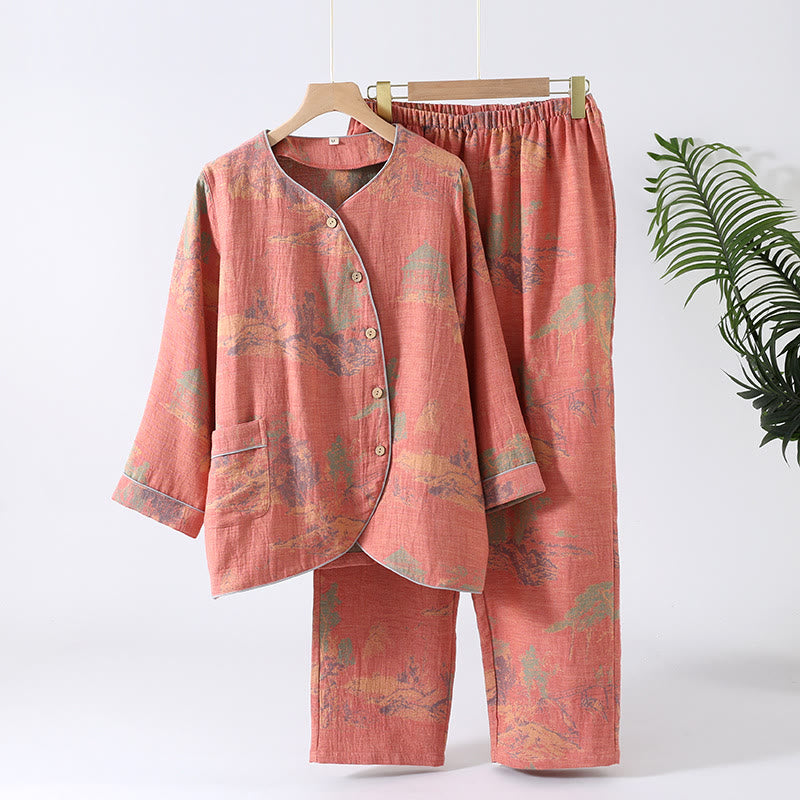 Pigiama a maniche lunghe in garza di cotone jacquard