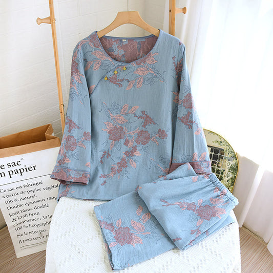 Completo da casa in cotone con scollo rotondo e stampa floreale in jacquard