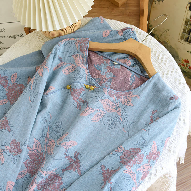 Completo da casa in cotone con scollo rotondo e stampa floreale in jacquard