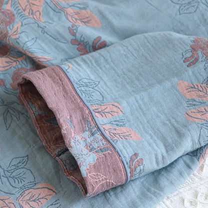 Completo da casa in cotone con scollo rotondo e stampa floreale in jacquard