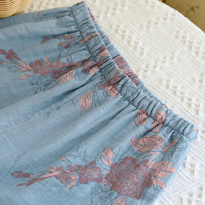 Completo da casa in cotone con scollo rotondo e stampa floreale in jacquard