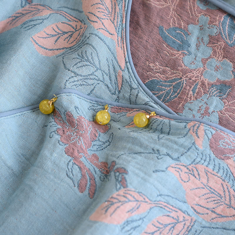 Completo da casa in cotone con scollo rotondo e stampa floreale in jacquard