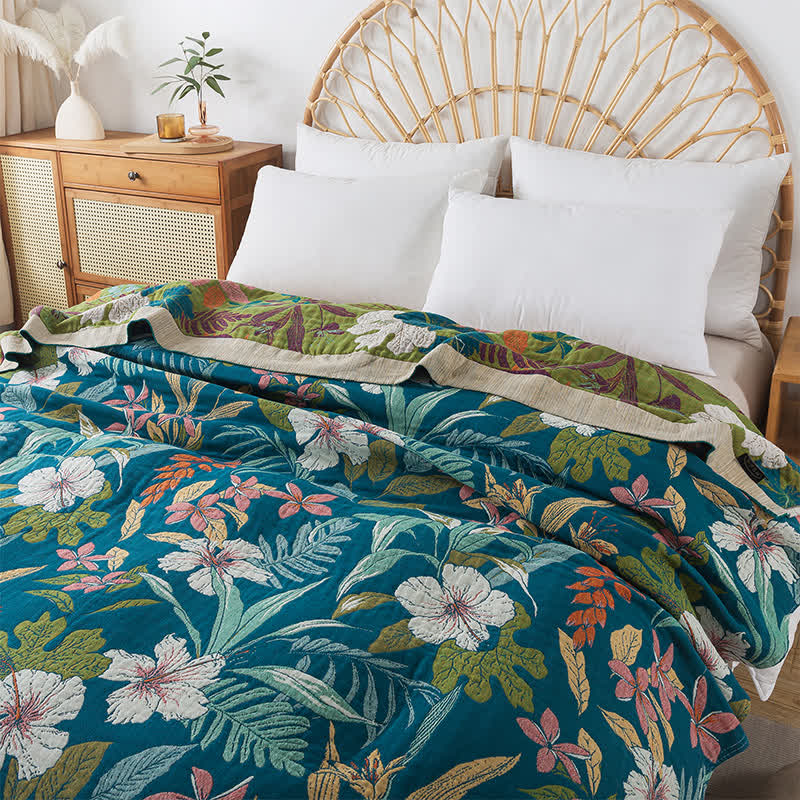 Trapunta leggera in garza di cotone jacquard floreale