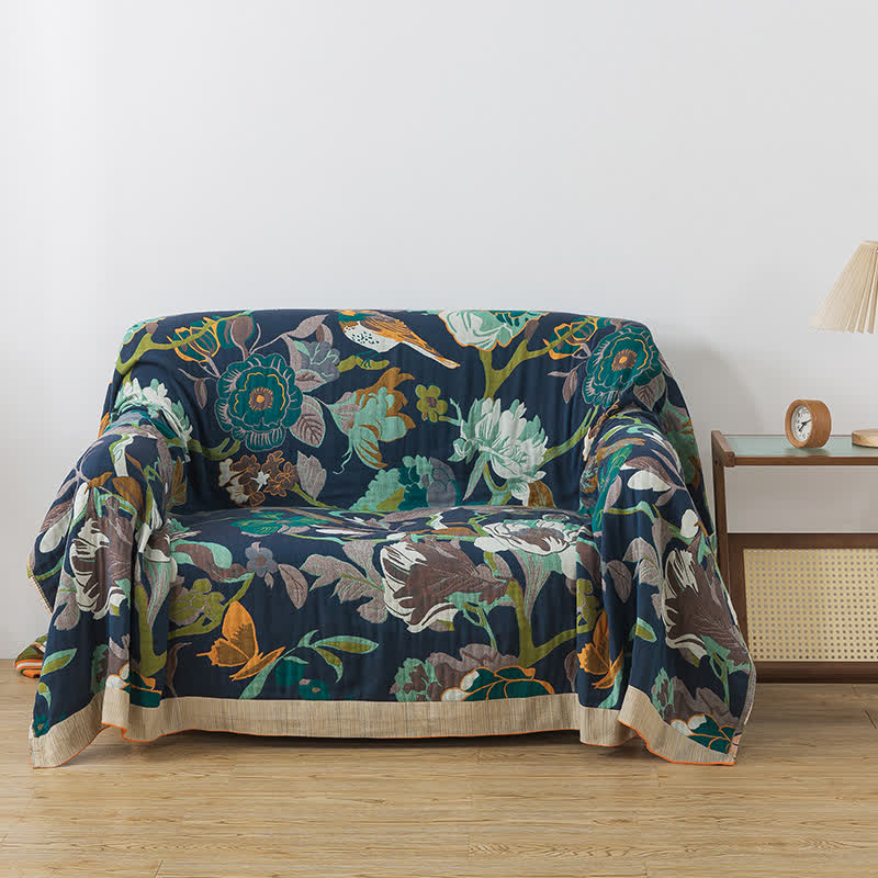 Coperta reversibile in garza di cotone con motivo floreale a uccelli