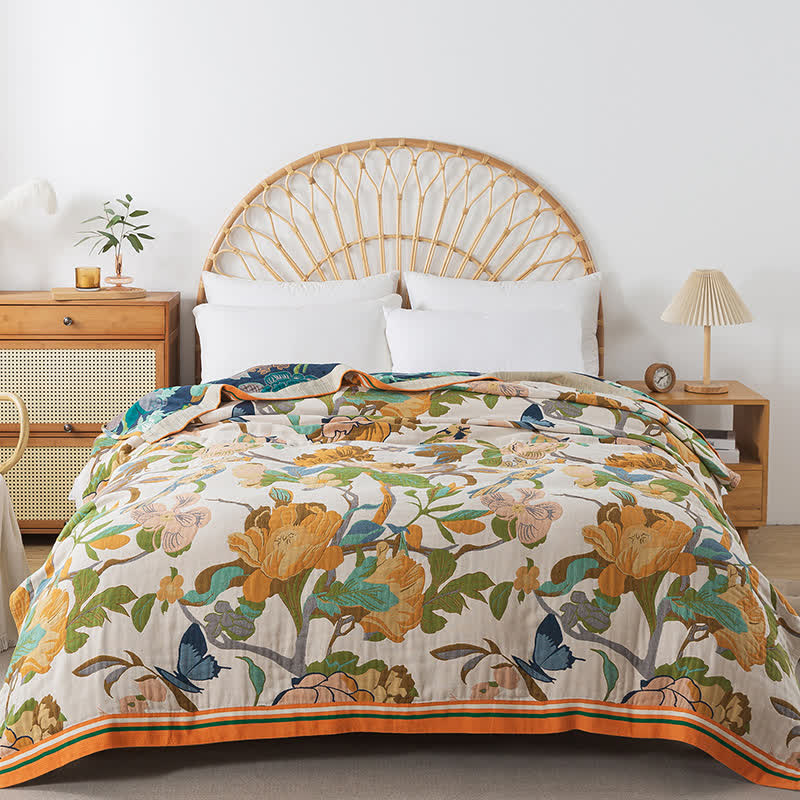 Coperta reversibile in garza di cotone con motivo floreale a uccelli