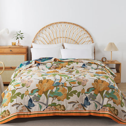 Coperta reversibile in garza di cotone con motivo floreale a uccelli
