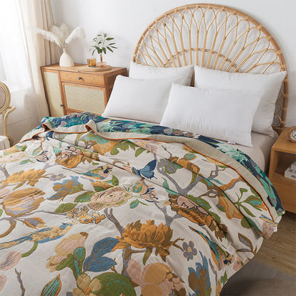 Coperta reversibile in garza di cotone con motivo floreale a uccelli