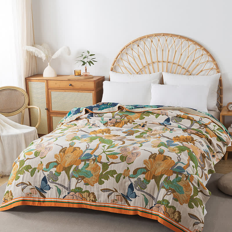 Coperta reversibile in garza di cotone con motivo floreale a uccelli