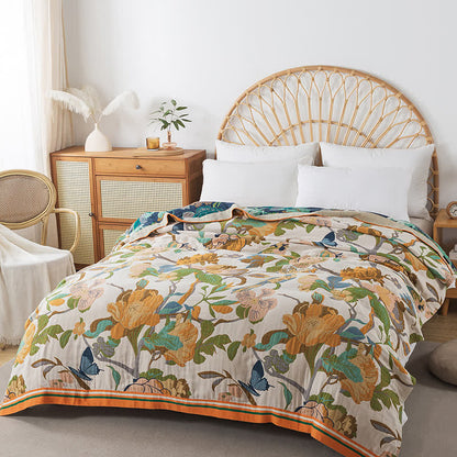 Coperta reversibile in garza di cotone con motivo floreale a uccelli