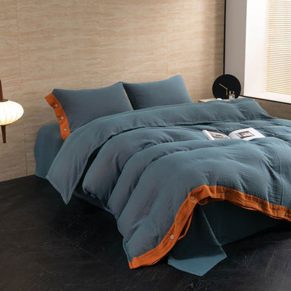 Set di biancheria da letto con bottoni in garza di cotone tinta unita (4 pezzi)