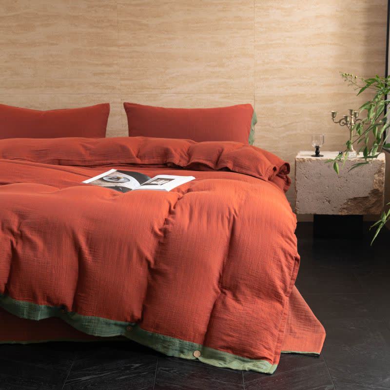 Set di biancheria da letto con bottoni in garza di cotone tinta unita (4 pezzi)
