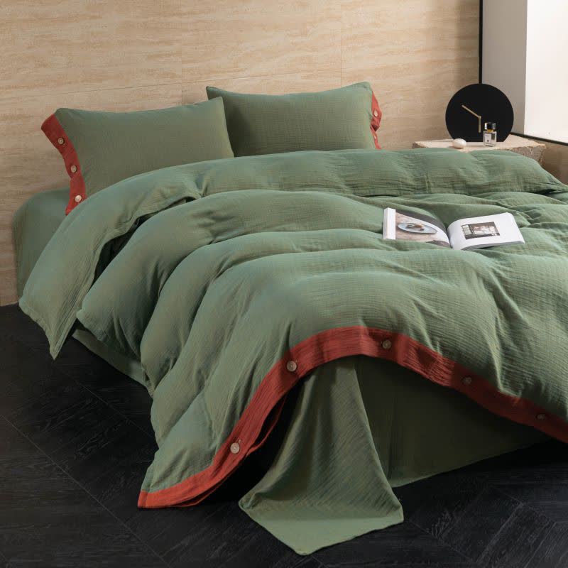 Set di biancheria da letto con bottoni in garza di cotone tinta unita (4 pezzi)