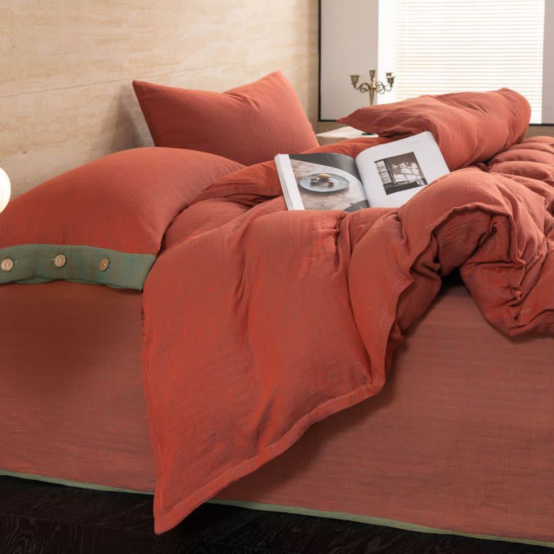 Set di biancheria da letto con bottoni in garza di cotone tinta unita (4 pezzi)