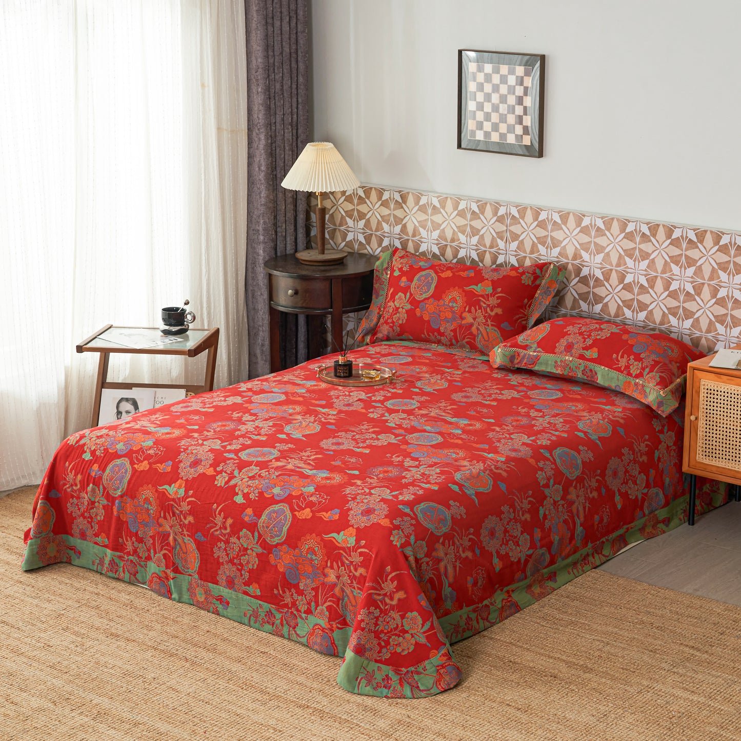 Set di biancheria da letto floreale di lusso in garza di cotone (4 pezzi)