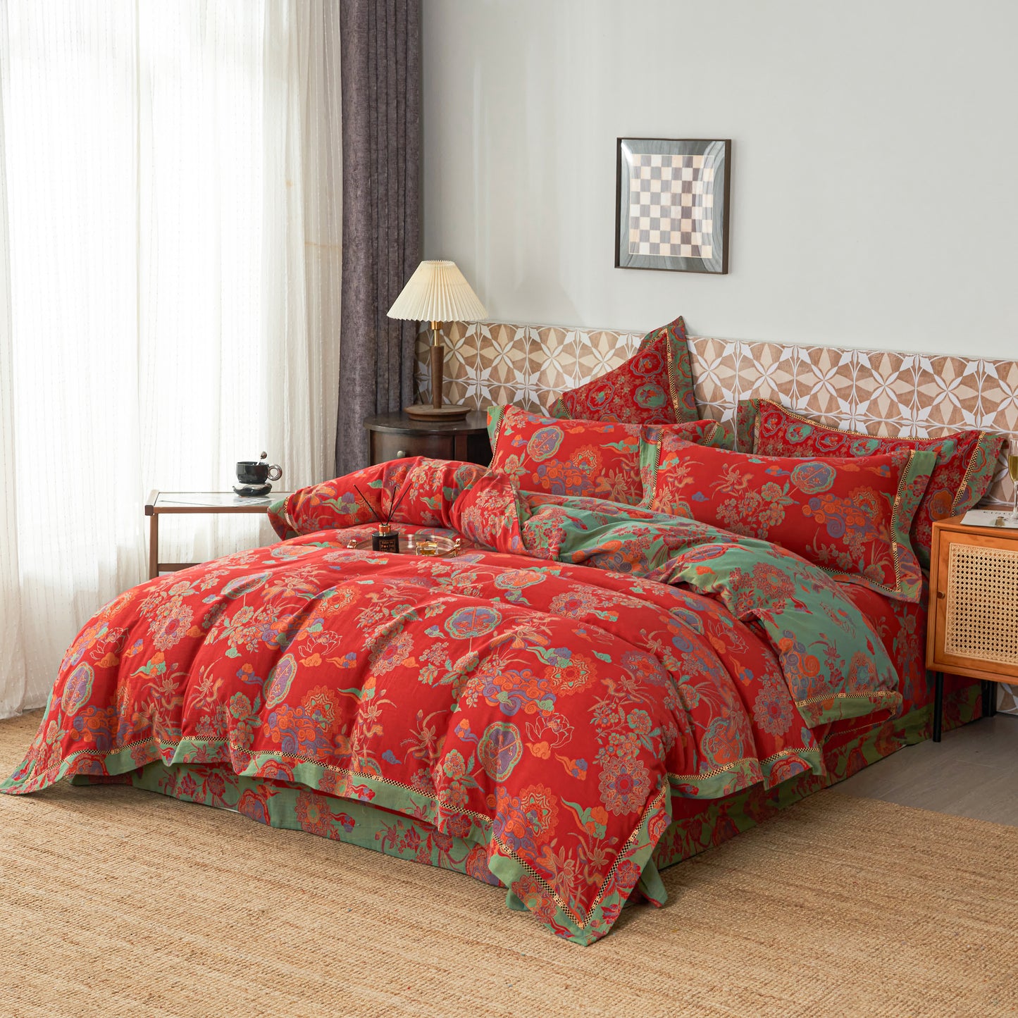 Set di biancheria da letto floreale di lusso in garza di cotone (4 pezzi)