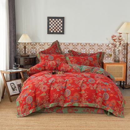 Set di biancheria da letto floreale di lusso in garza di cotone (4 pezzi)
