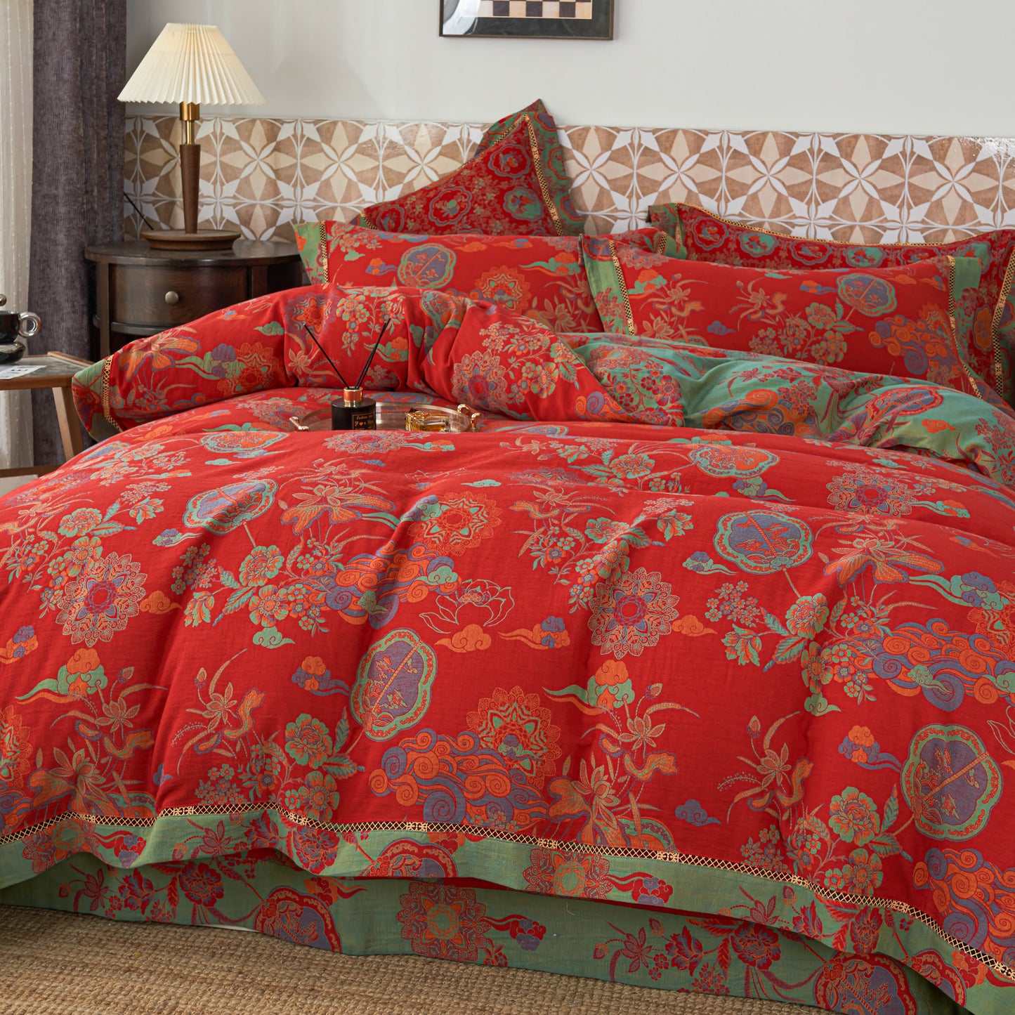 Set di biancheria da letto floreale di lusso in garza di cotone (4 pezzi)