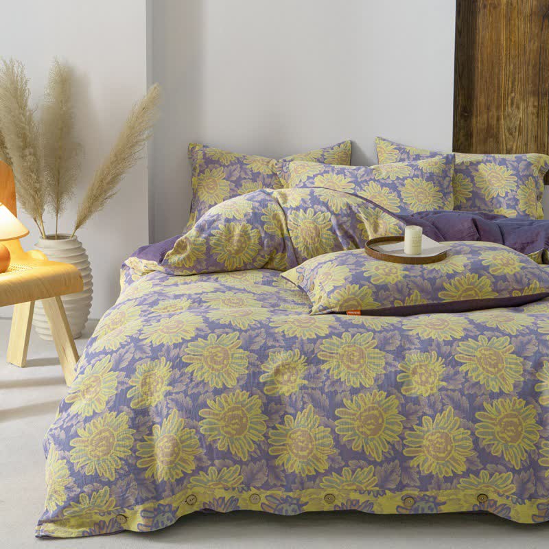 Set di biancheria da letto in garza di cotone jacquard girasole (4 pezzi)