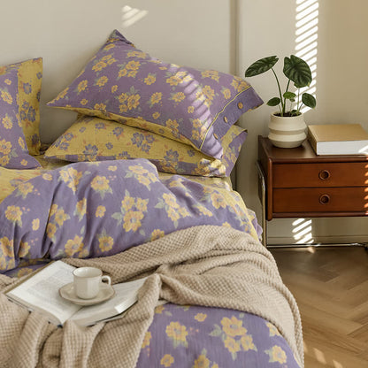 Set di biancheria da letto in garza di cotone con bottoni floreali jacquard (4 pezzi)