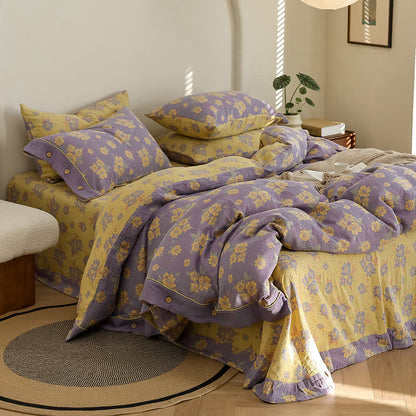 Set di biancheria da letto in garza di cotone con bottoni floreali jacquard (4 pezzi)