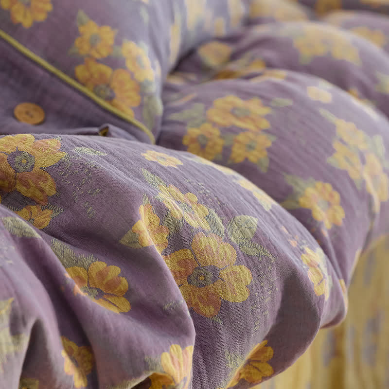Set di biancheria da letto in garza di cotone con bottoni floreali jacquard (4 pezzi)