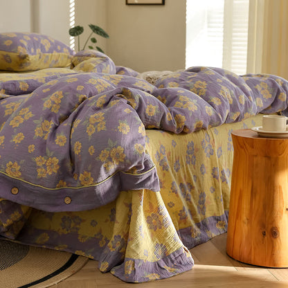 Set di biancheria da letto in garza di cotone con bottoni floreali jacquard (4 pezzi)