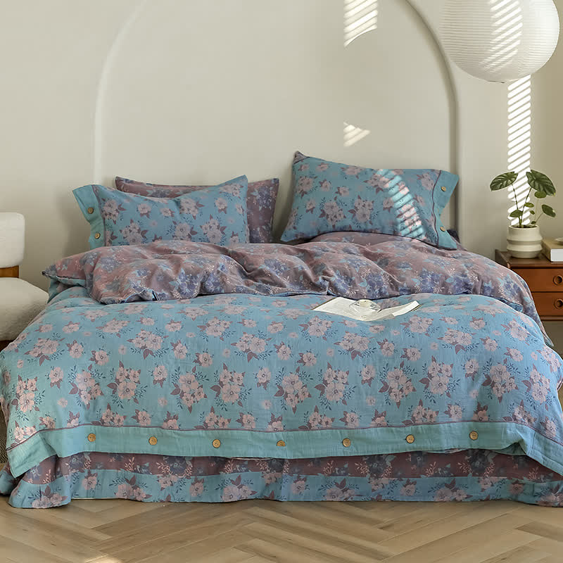 Set di biancheria da letto in garza di cotone con bottoni floreali jacquard (4 pezzi)