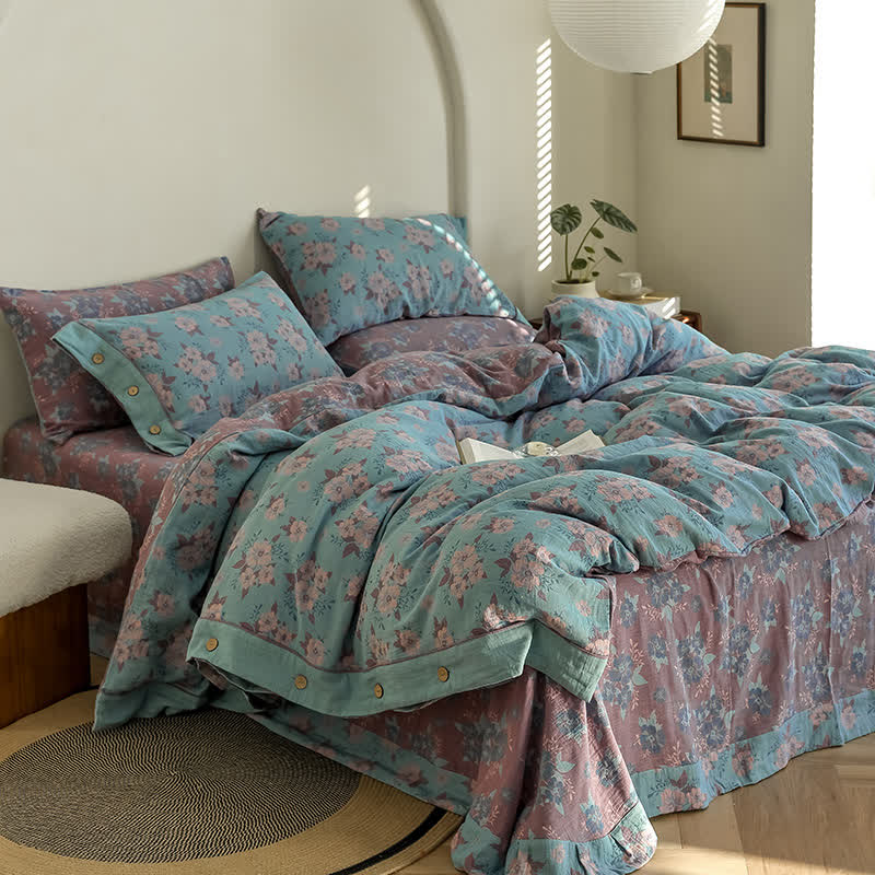 Set di biancheria da letto in garza di cotone con bottoni floreali jacquard (4 pezzi)
