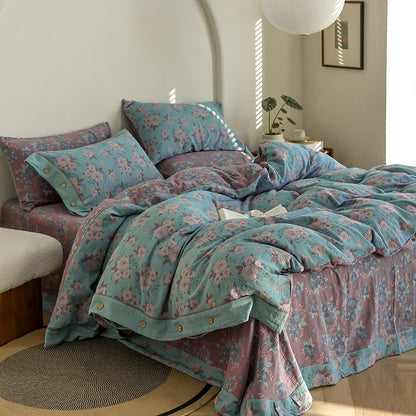 Set di biancheria da letto in garza di cotone con bottoni floreali jacquard (4 pezzi)