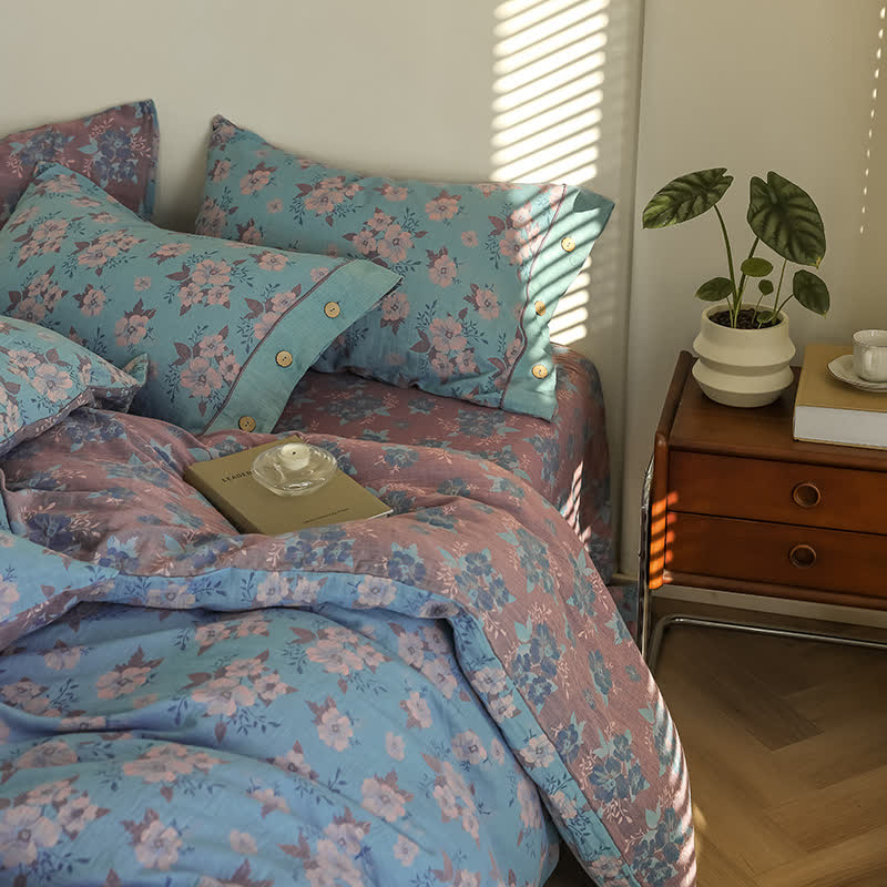 Set di biancheria da letto in garza di cotone con bottoni floreali jacquard (4 pezzi)