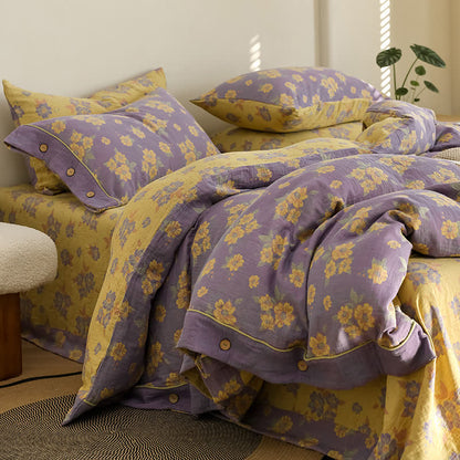 Set di biancheria da letto in garza di cotone con bottoni floreali jacquard (4 pezzi)