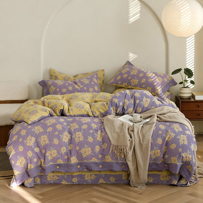 Set di biancheria da letto in garza di cotone con bottoni floreali jacquard (4 pezzi)