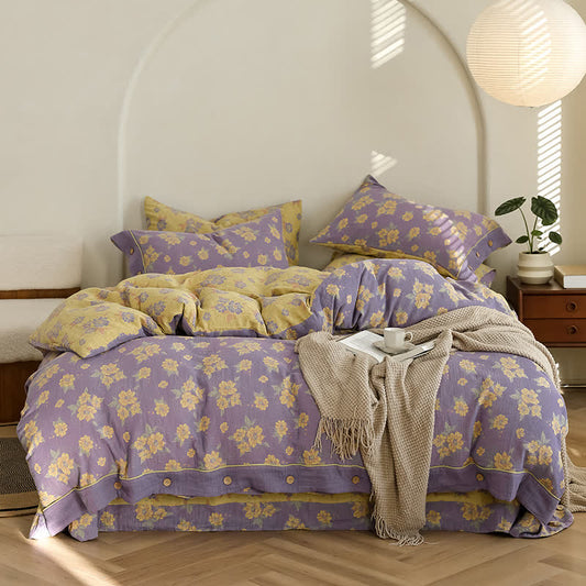 Set di biancheria da letto in garza di cotone con bottoni floreali jacquard (4 pezzi)