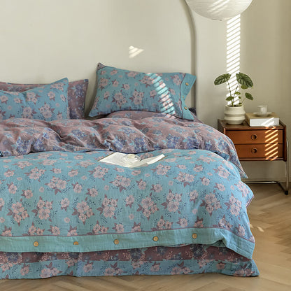 Set di biancheria da letto in garza di cotone con bottoni floreali jacquard (4 pezzi)