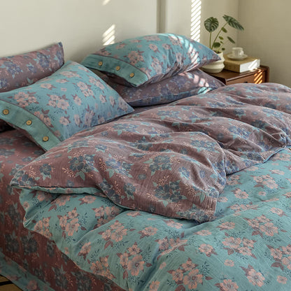 Set di biancheria da letto in garza di cotone con bottoni floreali jacquard (4 pezzi)