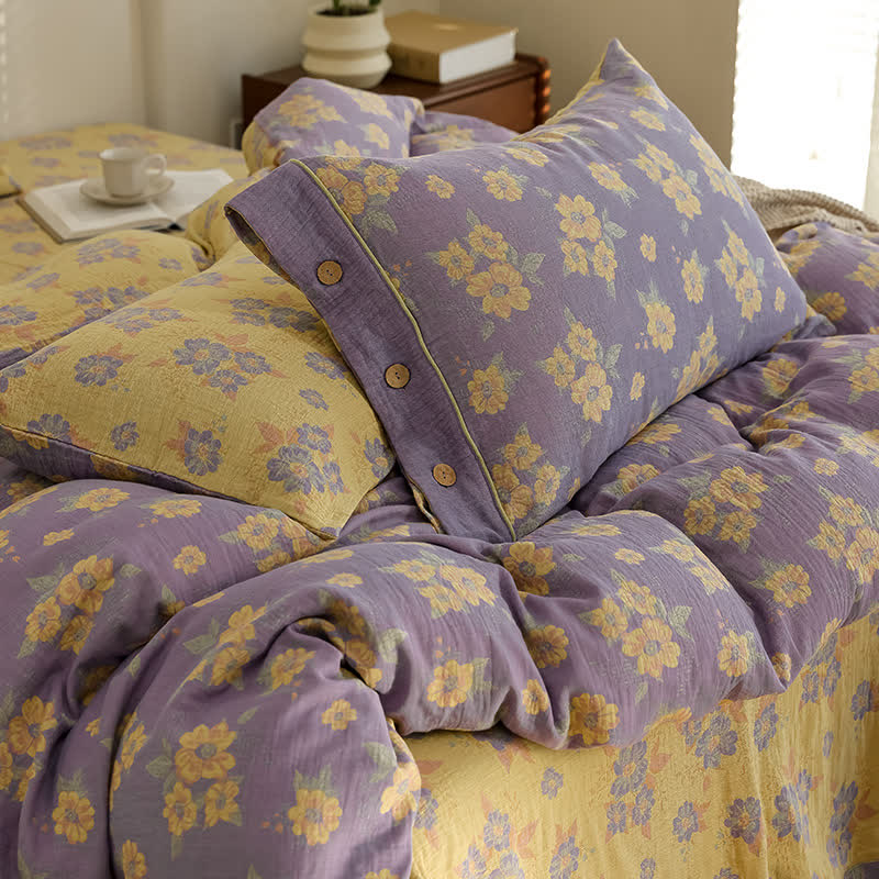 Set di biancheria da letto in garza di cotone con bottoni floreali jacquard (4 pezzi)