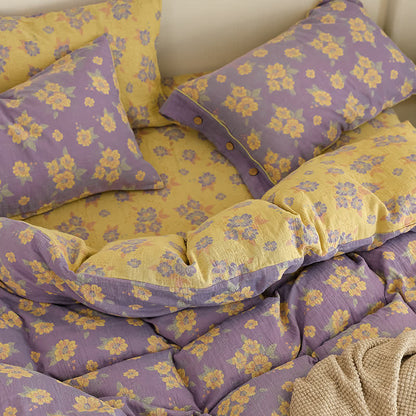 Set di biancheria da letto in garza di cotone con bottoni floreali jacquard (4 pezzi)