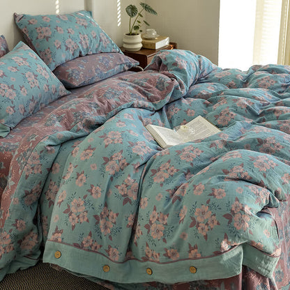 Set di biancheria da letto in garza di cotone con bottoni floreali jacquard (4 pezzi)