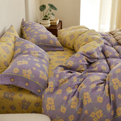 Set di biancheria da letto in garza di cotone con bottoni floreali jacquard (4 pezzi)
