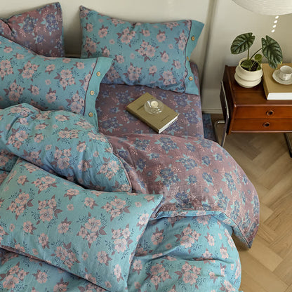 Set di biancheria da letto in garza di cotone con bottoni floreali jacquard (4 pezzi)
