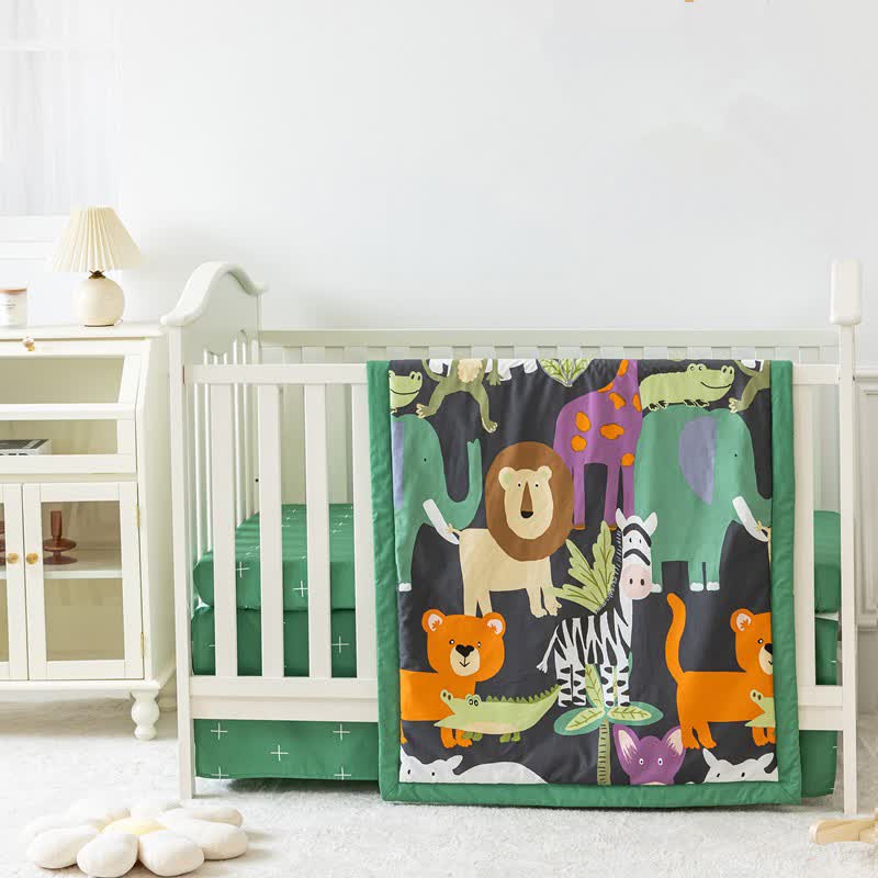 Set di biancheria da letto per culla in puro cotone con animali dei cartoni animati (3 pezzi)