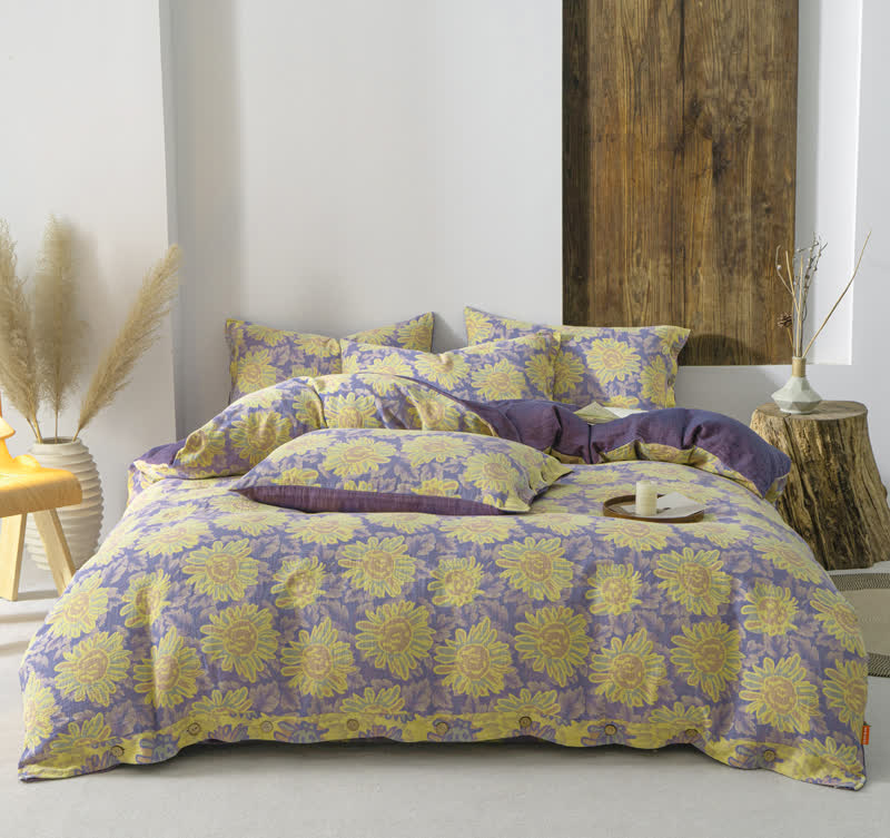 Set di biancheria da letto in garza di cotone jacquard girasole (4 pezzi)