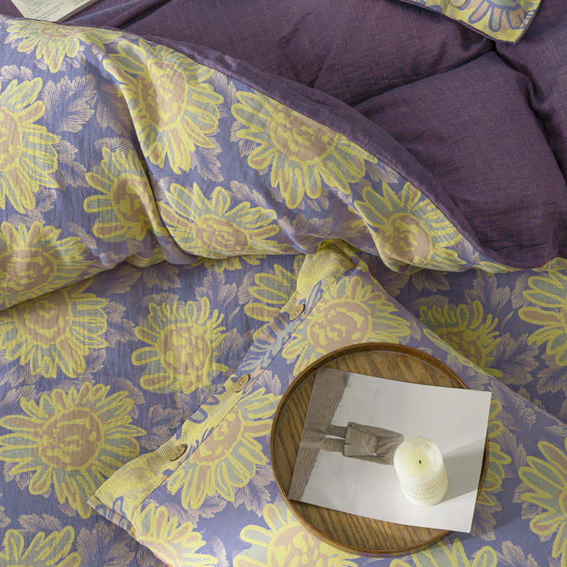 Set di biancheria da letto in garza di cotone jacquard girasole (4 pezzi)