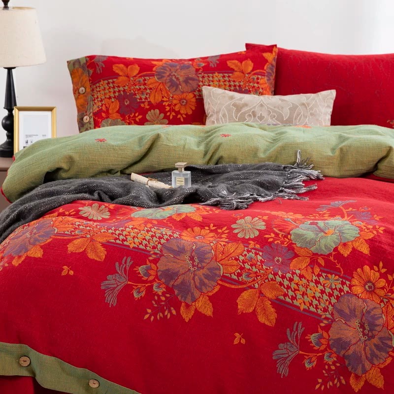 Set di biancheria da letto con bottoni floreali in puro cotone (4 pezzi)