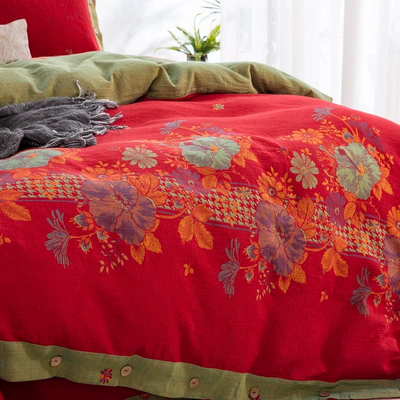 Set di biancheria da letto con bottoni floreali in puro cotone (4 pezzi)