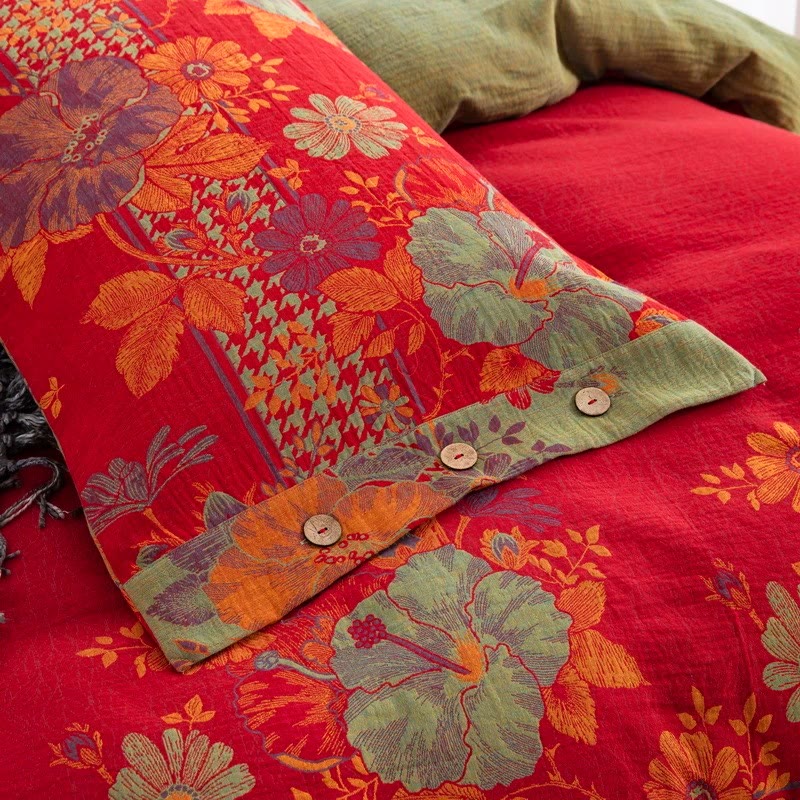 Set di biancheria da letto con bottoni floreali in puro cotone (4 pezzi)