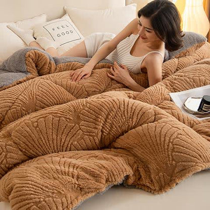 Coperta in jacquard Sherpa con foglie di Ginkgo e anima trapuntata