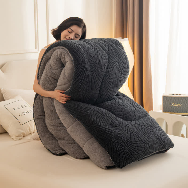 Coperta in jacquard Sherpa con foglie di Ginkgo e anima trapuntata