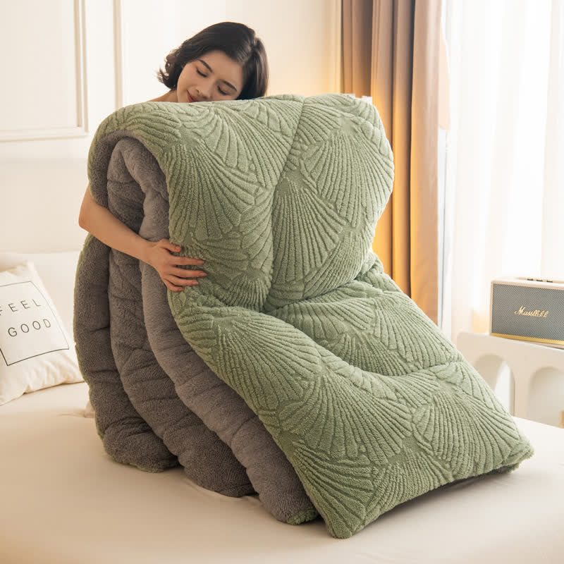 Coperta in jacquard Sherpa con foglie di Ginkgo e anima trapuntata