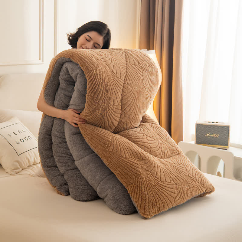 Coperta in jacquard Sherpa con foglie di Ginkgo e anima trapuntata